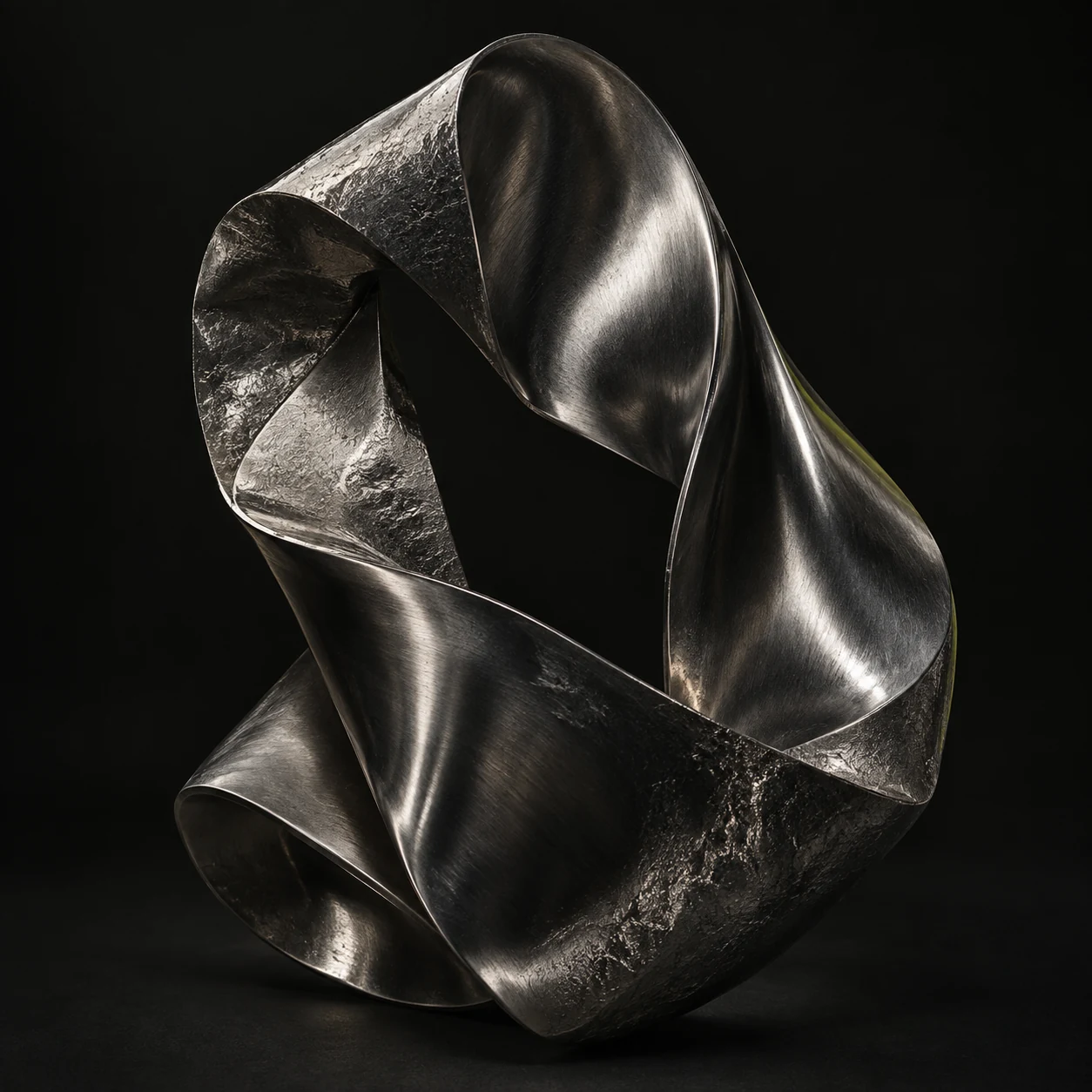 Abstract sculpture in folded dark chrome